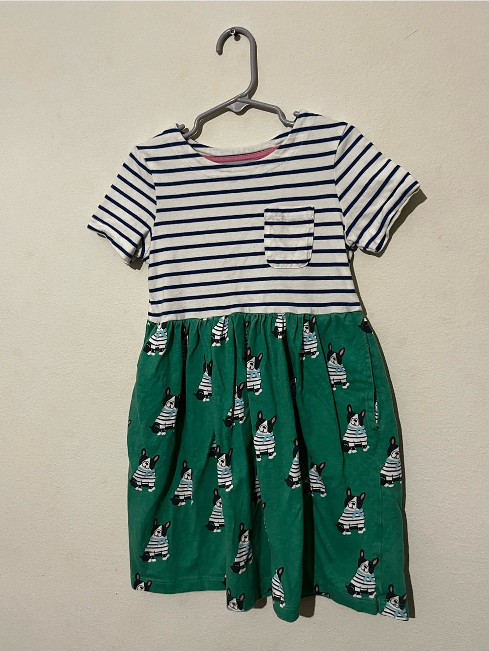 Mini Boden Navy & White Striped Top with Green Dog-Print Skirt Dress